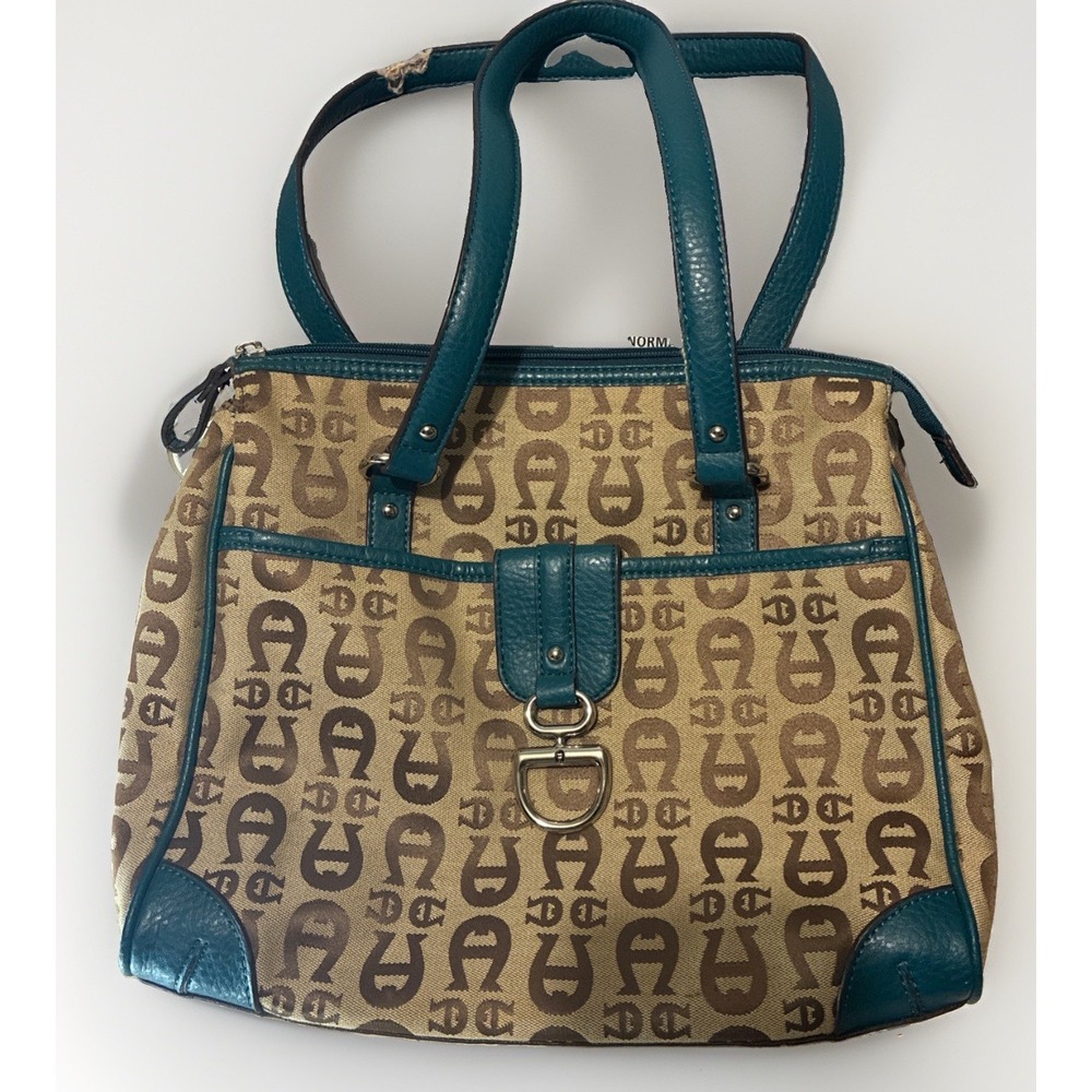 Etienne Aigner Tan Brown Turquoise Shoulder Bag Medium Purse Leather Logo Fabric